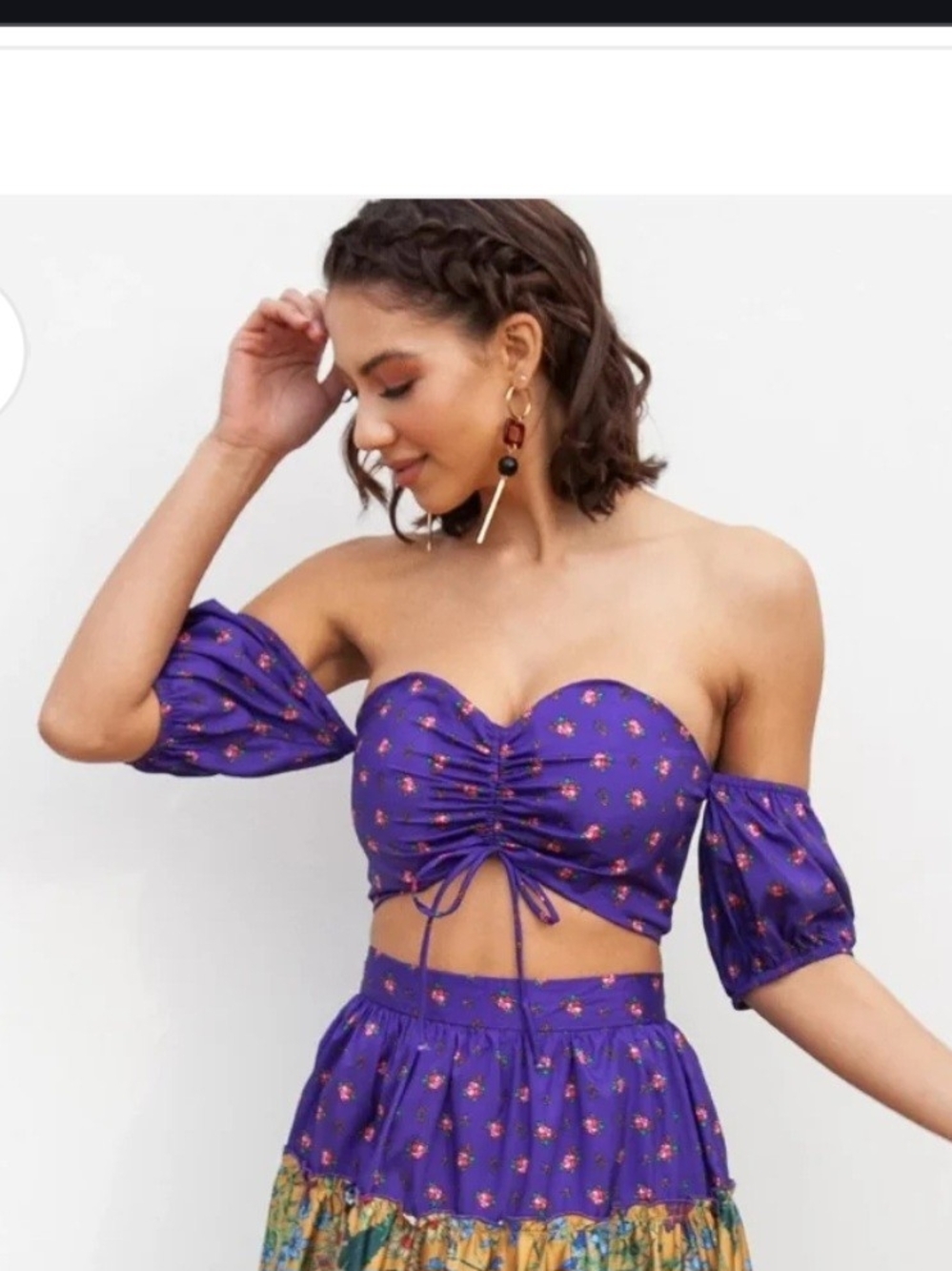 NWT L'atiste by Amy Bustier Crop Top Women's L Purple Balloon Sleeves Sweetheart
